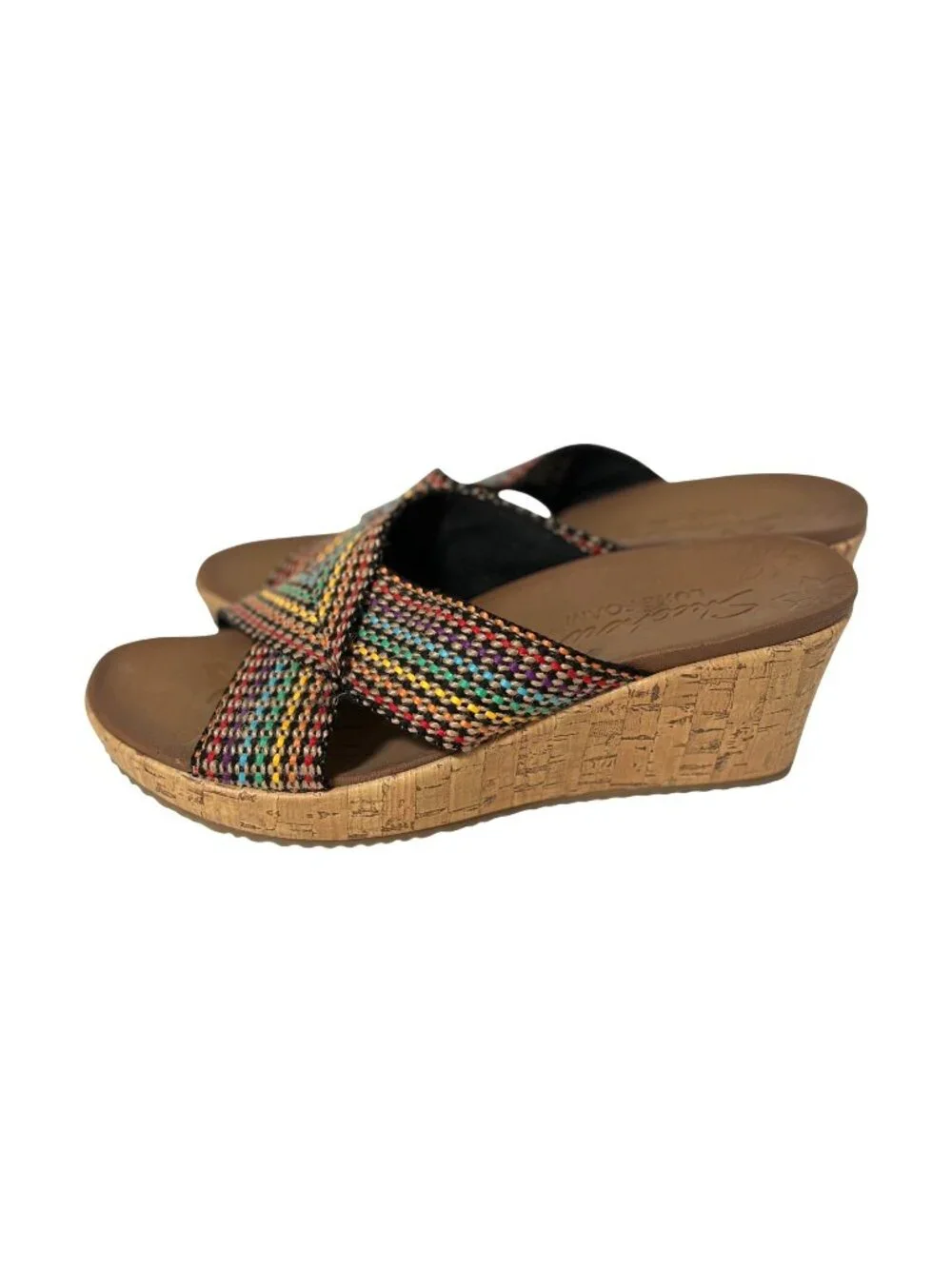 Skechers Womens Size 7 Multicolor Beverlee Cork Wedge 3 in Heel Slide Sandals Sh